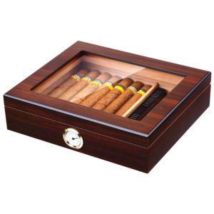 Umidor de Charutos Artesanal Bald Eagle Caixa de Cedro para Charutos com Humidificador e Higrômetro Tampa de Vidro para 25 Charutos