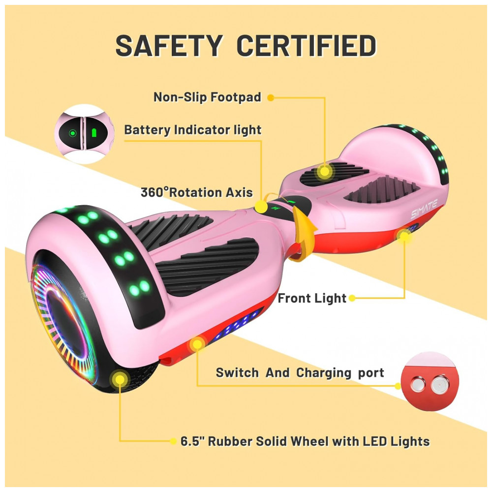 Hoverboard SIMATE Rosa 6,5" com Bluetooth, Luzes LED e Certificação UL2272 – Até 13,7 km/h, Autonomia de 12,8 km - Imagem 3