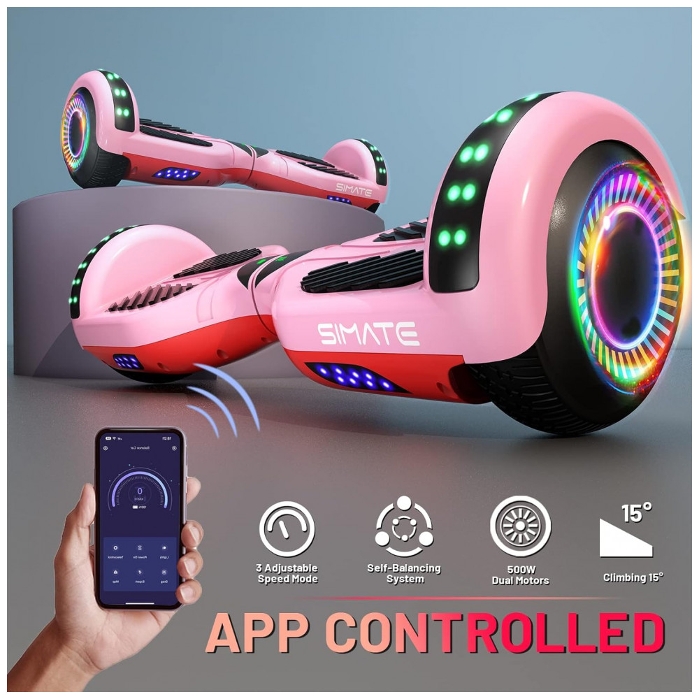 Hoverboard SIMATE Rosa 6,5" com Bluetooth, Luzes LED e Certificação UL2272 – Até 13,7 km/h, Autonomia de 12,8 km - Imagem 4