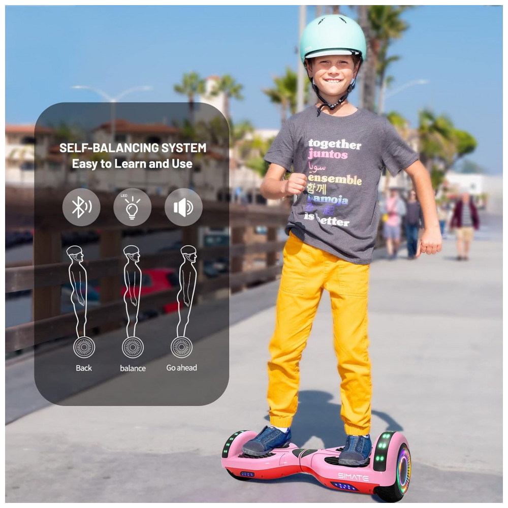 Hoverboard SIMATE Rosa 6,5" com Bluetooth, Luzes LED e Certificação UL2272 – Até 13,7 km/h, Autonomia de 12,8 km - Imagem 5