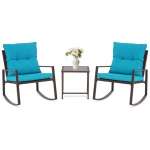 Conjunto de Móveis de Vime Preto SUNCROWN para Área Externa: 3 Peças com Cadeiras de Balanço Conjunto de Conversação com Mesa de Centro de Vidro - Az