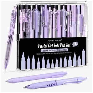 Canetas em gel Four Candies roxas com tinta preta e roxa e 2 marcadores pastel ponta fina 05 mm retrátil kit 14 peças para estudo e escritório