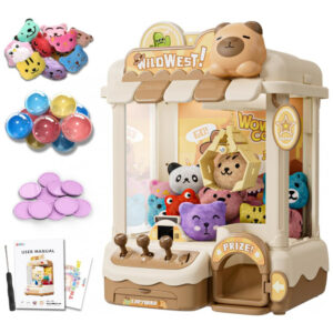 Mini Máquina de Garra Capivara – Vending Machine Infantil Marrom e Bege, com Pelúcias, Cápsulas, Moedas, Luzes e Som