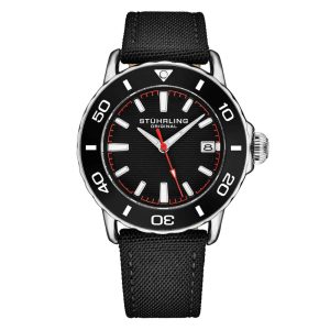 Relgio Stuhrling Explorer 4041 com moldura preta coroa prateada e pulseira preta de
