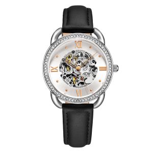 Relgio Automtico Stuhrling 3991 - Mostrador Prateado Pulseira de Couro Preta e Fivela Tang Prata (36mm)