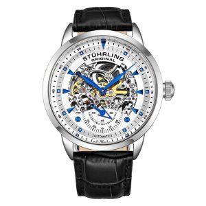 Relgio Automtico Executive 3133 de 44mm Mostrador Branco e Pulseira de Couro Preta com Fivela de Prata - Stuhrling.