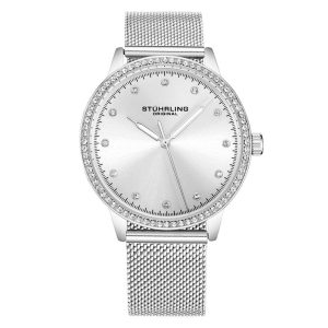 Relgio de pulso Dorset 3904 de 38 mm elegante e moderno com mostrador prateado e pulseira de ao inoxidvel prateado com fivela dobrvel. Marca: Stuhrling.