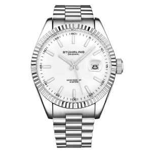 Relgio Stuhrling Lineage 3935 Clssico 42mm Mostrador Branco Prata Pulseira de Ao Inoxidvel Prateado
