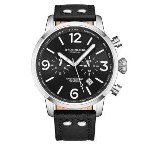 Relgio masculino Stuhrling 3956 com caixa de 45mm mostrador preto e pulseira de couro preto.