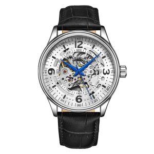 Relgio Automtico Stuhrling Dinamarca 3947 - Mostrador Branco Pulseira de Couro Preto e Fivela de Prata Tang - 42mm