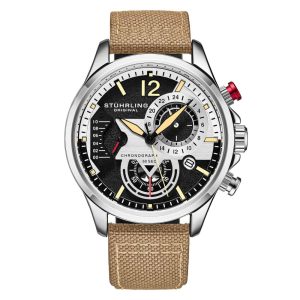 Relgio Stuhrling Cordura 4029 Aviador 45mm Mostrador Preto e Prata com Pulseira de Couro Bege e Fivela Tang de Prata
