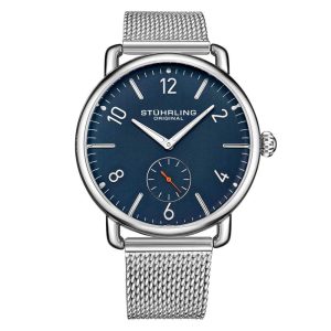 Relgio Jenson 3939 Clssico 42mm Mostrador Azul Prata com Pulseira de Ao Inoxidvel e Fivela de Implantao Stuhrling