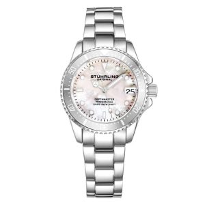 Relgio masculino Depthmaster 3950L 32mm mostrador branco e pulseira de ao inoxidvel prata Stuhrling.