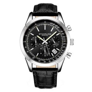 Relgio masculino Rialto 3975L de 44mm com crongrafo mostrador preto e pulseira de couro preto com fivela Tang prateada - Stuhrling.