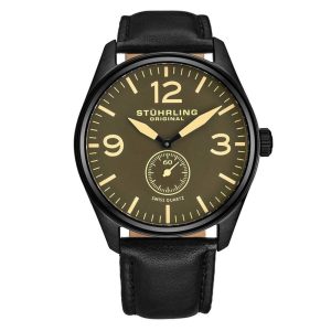 Relgio Aviador 931 42mm Mostrador Marrom PVD Preto Pulseira de Couro Preto - Stuhrling.