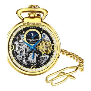 Relgio de Bolso Stuhrling Modena 991 Automtico 48mm Mostrador Preto com Detalhes em Ouro e Design em Ao Inoxidvel