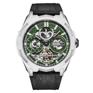 Navegador Automático Dual Time 46mm Mostrador Verde Pulseira Preta e Moldura Prateada - Stuhrling.