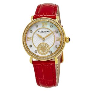 Relógio de pulso Sinfonia 443 com mostrador prateado pulseira de couro vermelha e fivela tang. Stuhrling