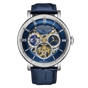 Relógio Automático Dual Time Majestic 47mm com Mostrador e Pulseira Azul e Moldura Prateada da Stuhrling.