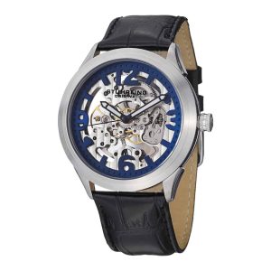 Relógio Stuhrling Commerce 765 com corda manual de 45mm mostrador azul e pulseira de couro preta com fivela tang.