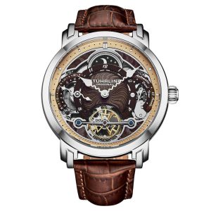 Relógio Automático Celestial Timekeeper 1017 Dual Time 44mm - Mostrador e Alça em Marrom Moldura Prateada Stuhrling.