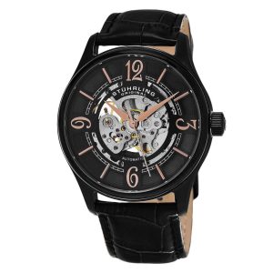 Relógio Automático Stuhrling M14569 42mm Mostrador Preto PVD Preto Pulseira de Couro Preta com Fivela Tang.