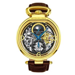 Relgio Automtico Modena 889 com Mostrador Preto de 46 mm Pulseira de Couro Marrom e Fivela Dourada - Stuhrling