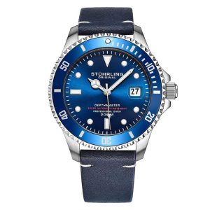 Relgio Swiss Automtico Depthmaster 883 42mm Mostrador Azul e Prata Pulseira de Couro Azul  Prova d'gua - Stuhrling