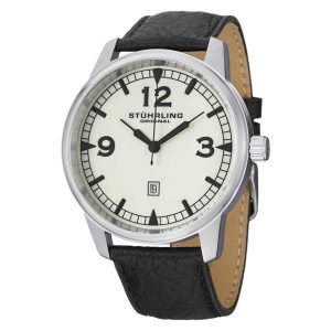 Relógio de pulso masculino Condor 1129Q 48mm Aviador em prata com pulseira de couro preta e fivela tang da marca Stuhrling.