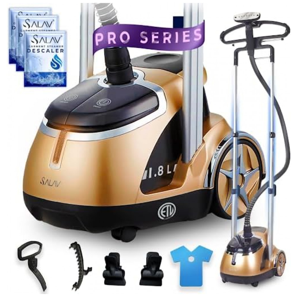 SALAV Deluxe Edição Limitada Série Profissional de Vaporizador de Roupas com Duplo Suporte e Pedais, 3 Pacotes de Descalcificante,