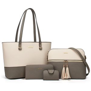 Conjunto de Bolsas Femininas em Couro Sintético 4 Peças com Carteira Lovematch Bege e Cinza