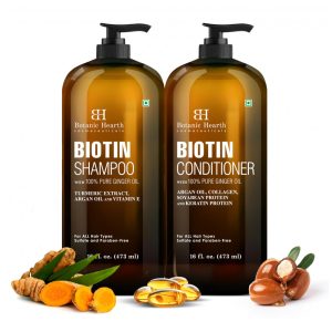 Shampoo e Condicionador de Biotina Óleo de Gengibre e Queratina para Queda 473ml BOTANIC HEARTH Marrom Escuro