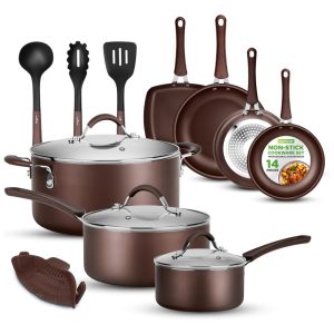 Conjunto de Panelas Frigideiras Antiaderentes e Utensílios 14 Peças NutriChef NCCW14SBR Marrom
