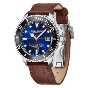 Relogio Swiss Automatico Depthmaster Heritage 883HL 42mm Mostrador Azul e Prata Pulseira de Couro Marrom Fivela Implantavel Stuhrling