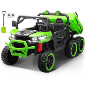 Caminhão Basculante Infantil Elétrico Letsgoride Verde 24V 2 Lugares 4 Motores 100W Caçamba Automática 4WD Bluetooth Música LED 6 Rodas