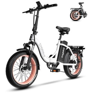 Bicicleta Elétrica Dobrável KEBIKO 750W Bateria 48V 20Ah Velocidade 48 km/h Suspensão Dupla Freios a Disco Rodas 20" Display LCD Branco Rosa