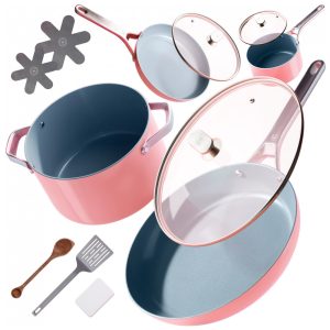 Jogo de Panelas e Frigideiras Antiaderentes em Alumínio com Revestimento Cerâmico 10 Peças Greater Goods Rosa