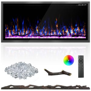 Lareira Elétrica de 107 cm Ultrafina Embutida ou de Parede Troncos Madeira Flutuante ou Cristais Controle Remoto TermostatoTimerKucreiheat