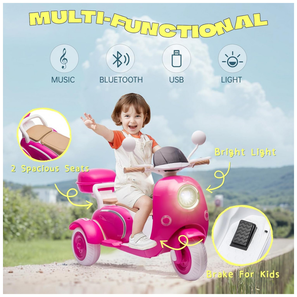 Moto Elétrica Infantil 2 Lugares Okybaby Rosa 12V 3 Rodas Duplo Motor Bluetooth USB Painel LED 3 Velocidades Suspensão Baú - Imagem 2