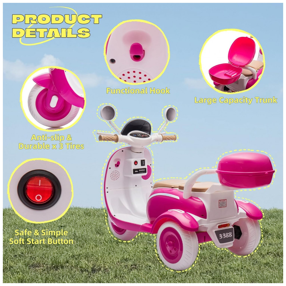 Moto Elétrica Infantil 2 Lugares Okybaby Rosa 12V 3 Rodas Duplo Motor Bluetooth USB Painel LED 3 Velocidades Suspensão Baú - Imagem 3