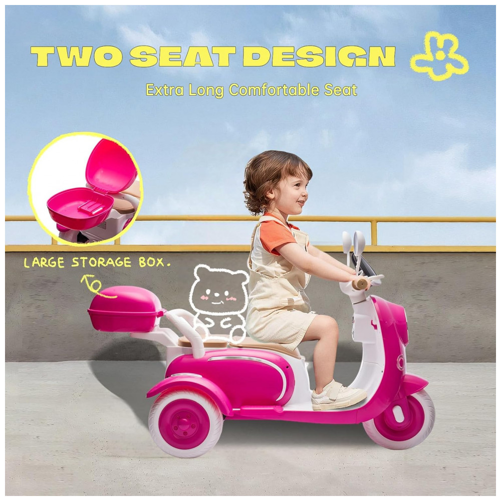 Moto Elétrica Infantil 2 Lugares Okybaby Rosa 12V 3 Rodas Duplo Motor Bluetooth USB Painel LED 3 Velocidades Suspensão Baú - Imagem 4