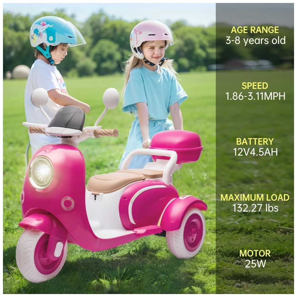 Moto Elétrica Infantil 2 Lugares Okybaby Rosa 12V 3 Rodas Duplo Motor Bluetooth USB Painel LED 3 Velocidades Suspensão Baú - Imagem 6