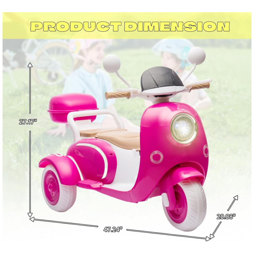 Moto Elétrica Infantil 2 Lugares Okybaby Rosa 12V 3 Rodas Duplo Motor Bluetooth USB Painel LED 3 Velocidades Suspensão Baú - Imagem 7