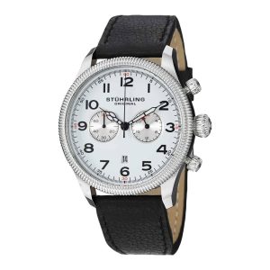 Relógio Velo 482 com cronógrafo mostrador branco e pulseira de couro preta e prata e fivela tang. Stuhrling