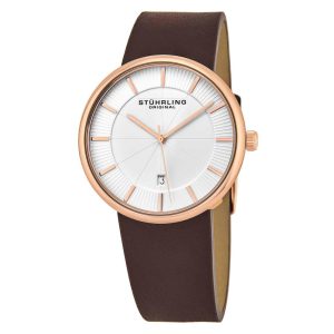 Relógio Fairmount 244 Clássico 42mm com Mostrador Branco e Pulseira de Couro Marrom com Fivela em Ouro Rosa Stuhrling.