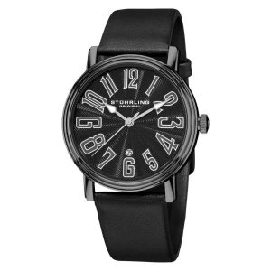 Roleta 301: Relógio Clássico 42mm com Mostrador Preto e Pulseira de Couro Preto com Fivela em PVD Preto - Stuhrling.
