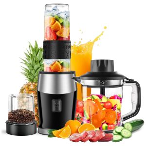 Liquidificador e Processador de Alimentos 2 em 1 com 4 Lâminas Afiadas de Aço Inoxidável 110V 700W Goelunmy Preto