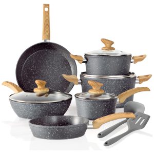 Conjunto de Panelas Kitchen Academy 12 Peças Revestimento Granitado Antiadherente Alumínio Indução Cabos Baquelite Cinza