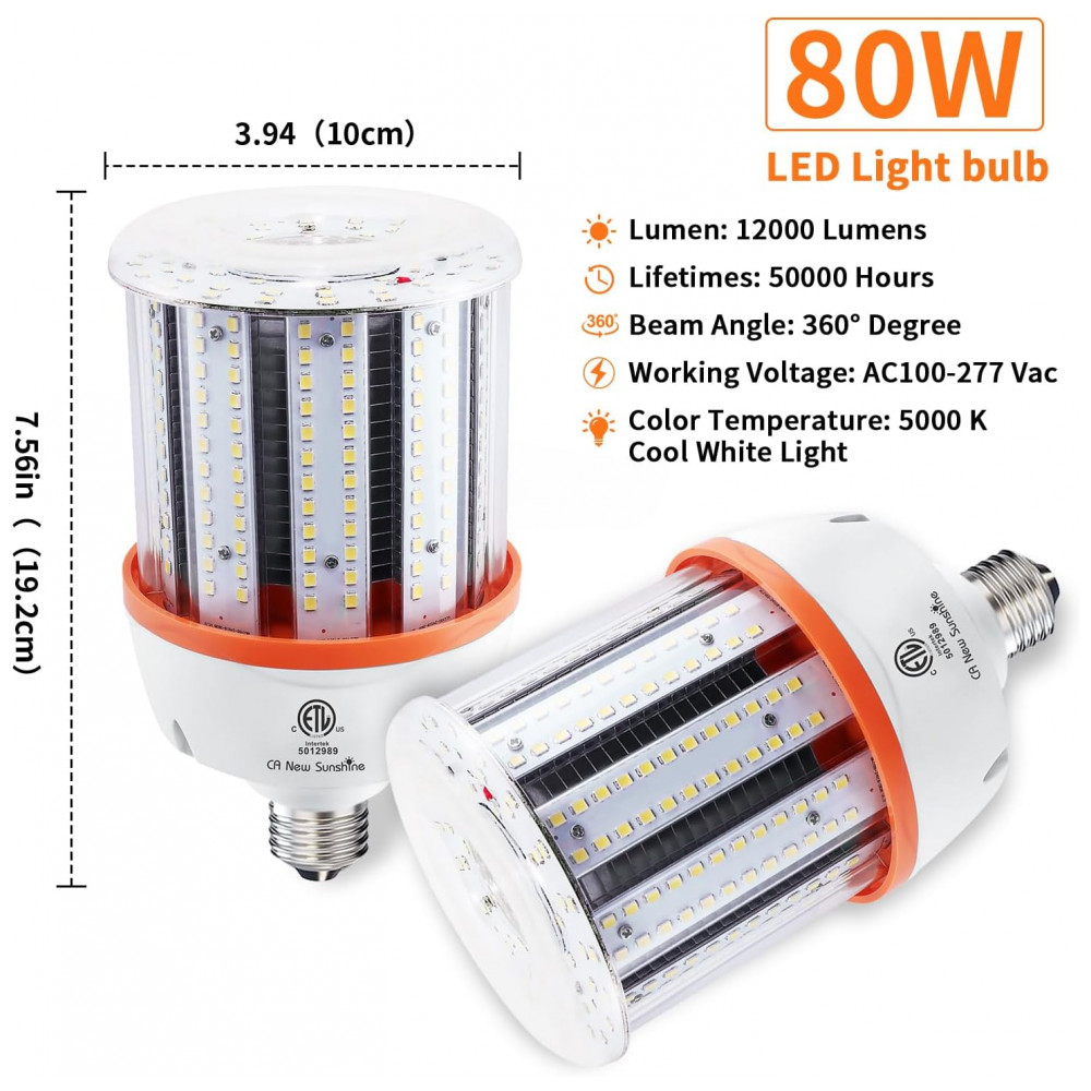 Lâmpada LED Corn 80W CA New Sunshine (2 un), 12.000 lúmens, 5000K daylight, base E26/E39, super brilhante, para galpão, garagem, fábrica e área externa. - Imagem 2