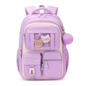 Mochila escolar infantil SPORTBANG kawaii 3 peças grande capacidade com estojo transparente e chaveiro de pompom bege e roxo